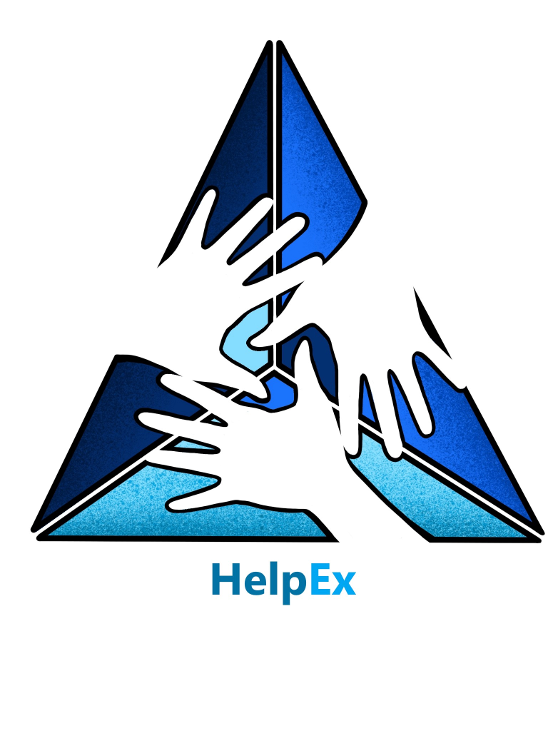 Logo of helpEx project - three open hands ona triangle